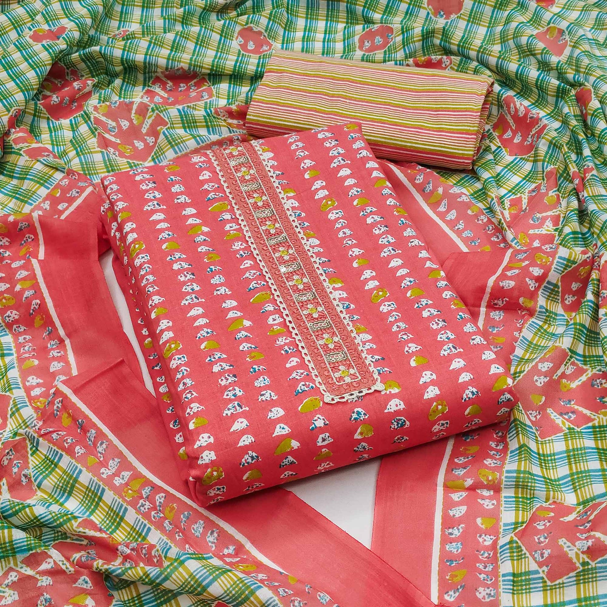 Gajri Pink Printed Pure Cotton Dress Material