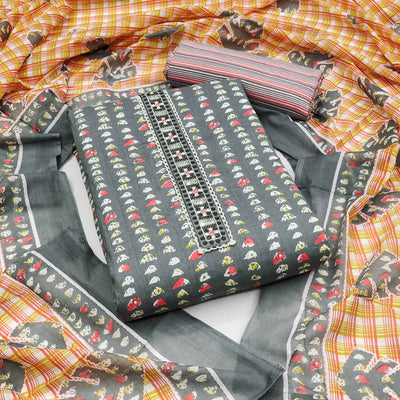 Grey Printed Pure Cotton Dress Material