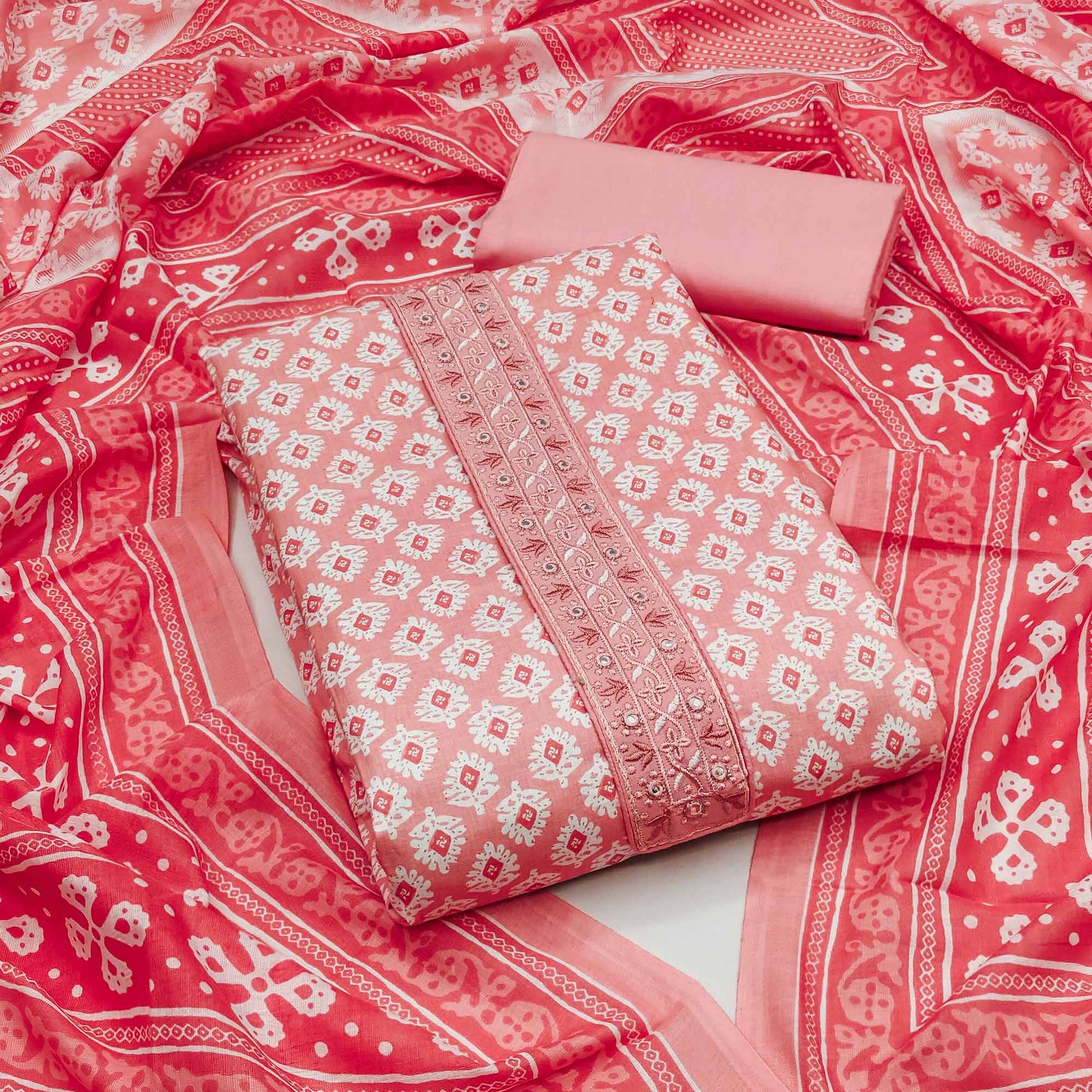 Gajri Pink Printed Pure Cotton Dress Material