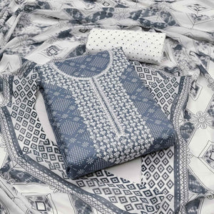 Grey Printed Pure Cotton Dress Material