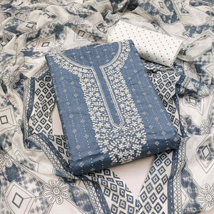 Grey Printed With Embroidered Pure Cotton Dress Material