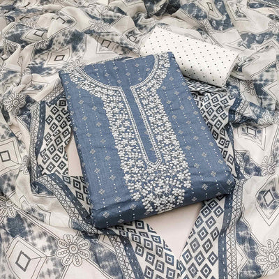 Grey Printed With Embroidered Pure Cotton Dress Material