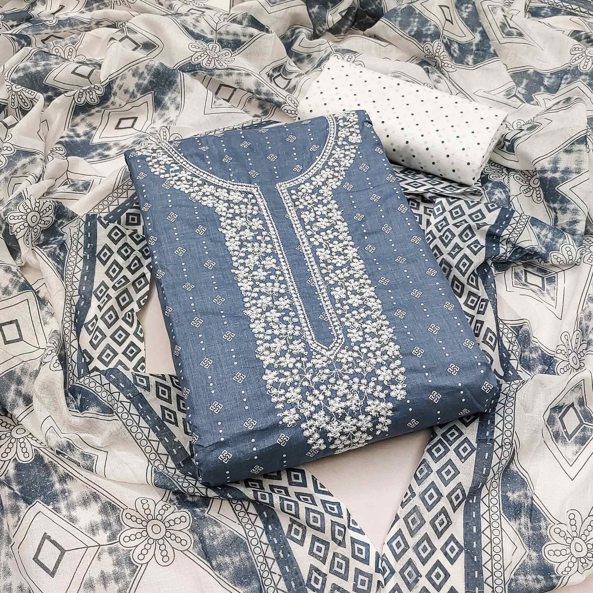 Grey Printed With Embroidered Pure Cotton Dress Material
