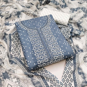 Grey Printed With Embroidered Pure Cotton Dress Material