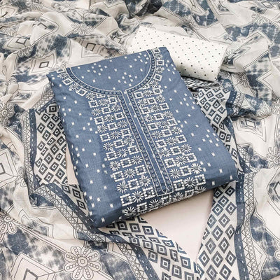 Grey Printed With Embroidered Pure Cotton Dress Material