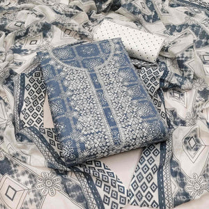 Grey Printed With Embroidered Pure Cotton Dress Material