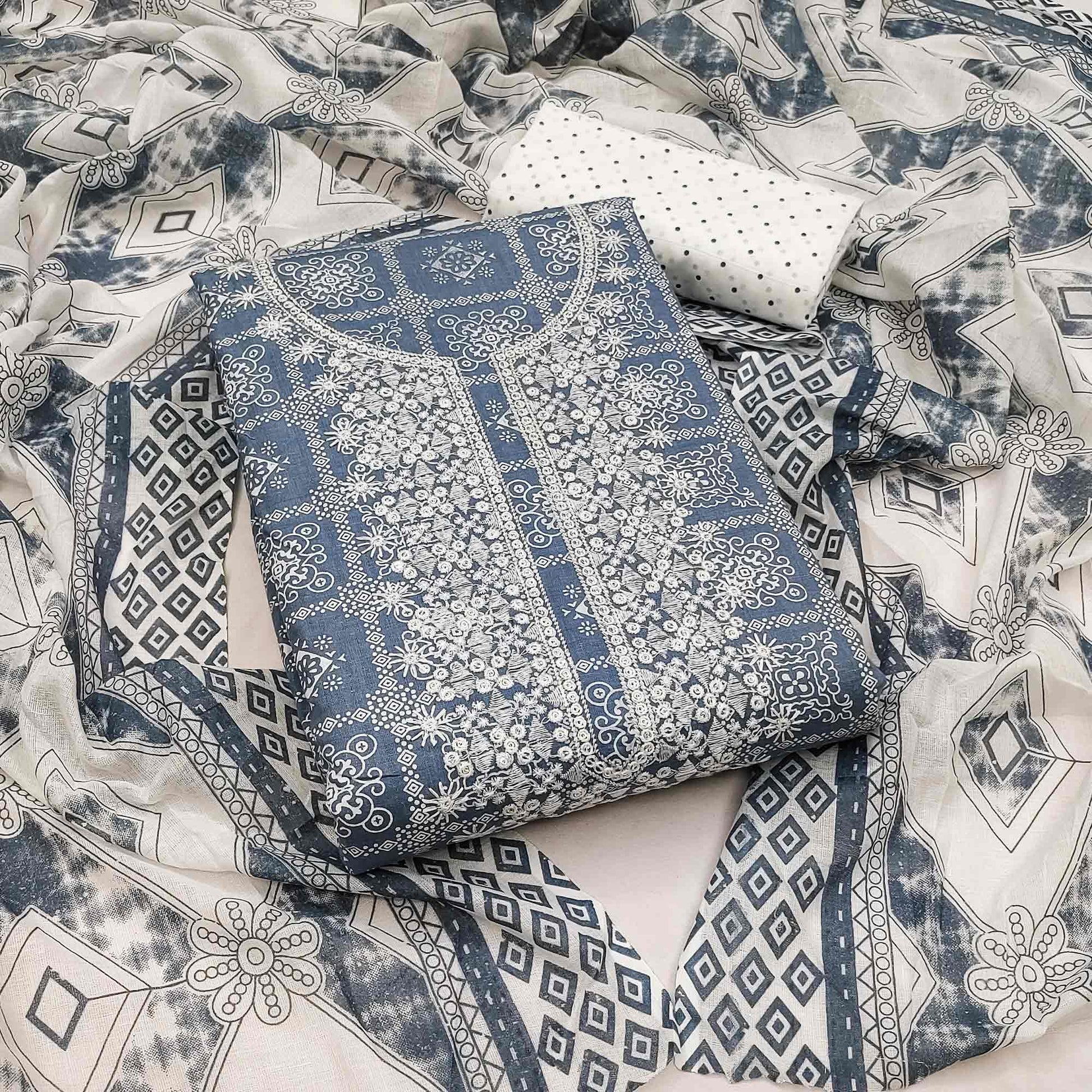 Grey Printed With Embroidered Pure Cotton Dress Material