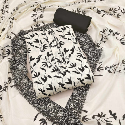 Cream & Black Floral Printed Pure Cotton Dress Material