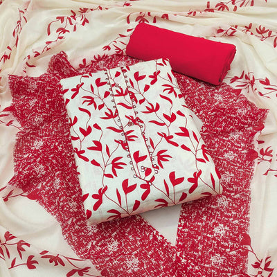 Cream & Red Floral Printed Pure Cotton Dress Material