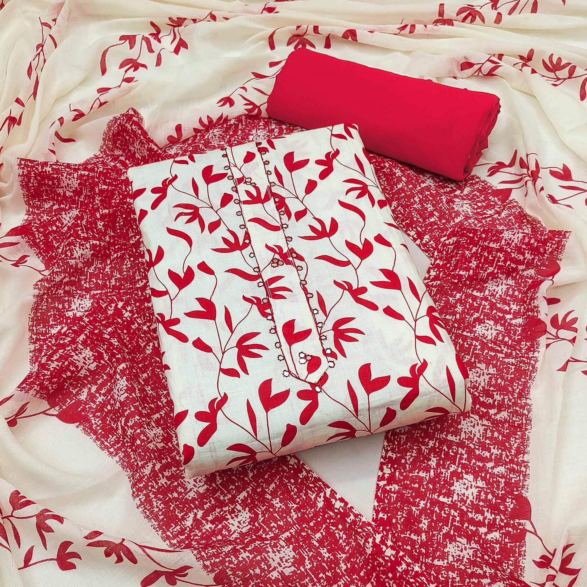 Cream & Red Floral Printed Pure Cotton Dress Material