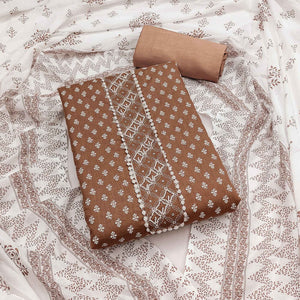 Brown Floral Printed Pure Cotton Dress Material