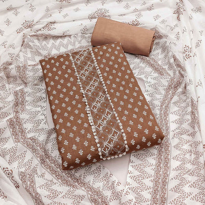Brown Floral Printed Pure Cotton Dress Material