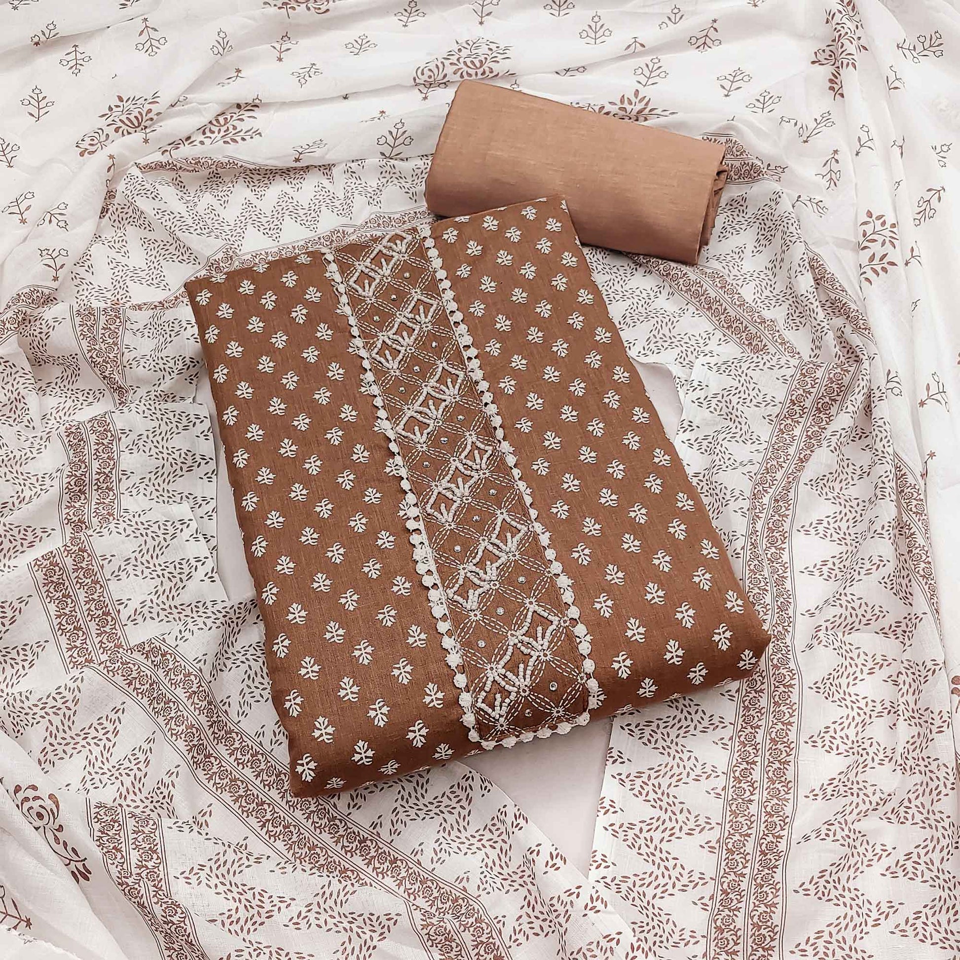 Brown Floral Printed Pure Cotton Dress Material