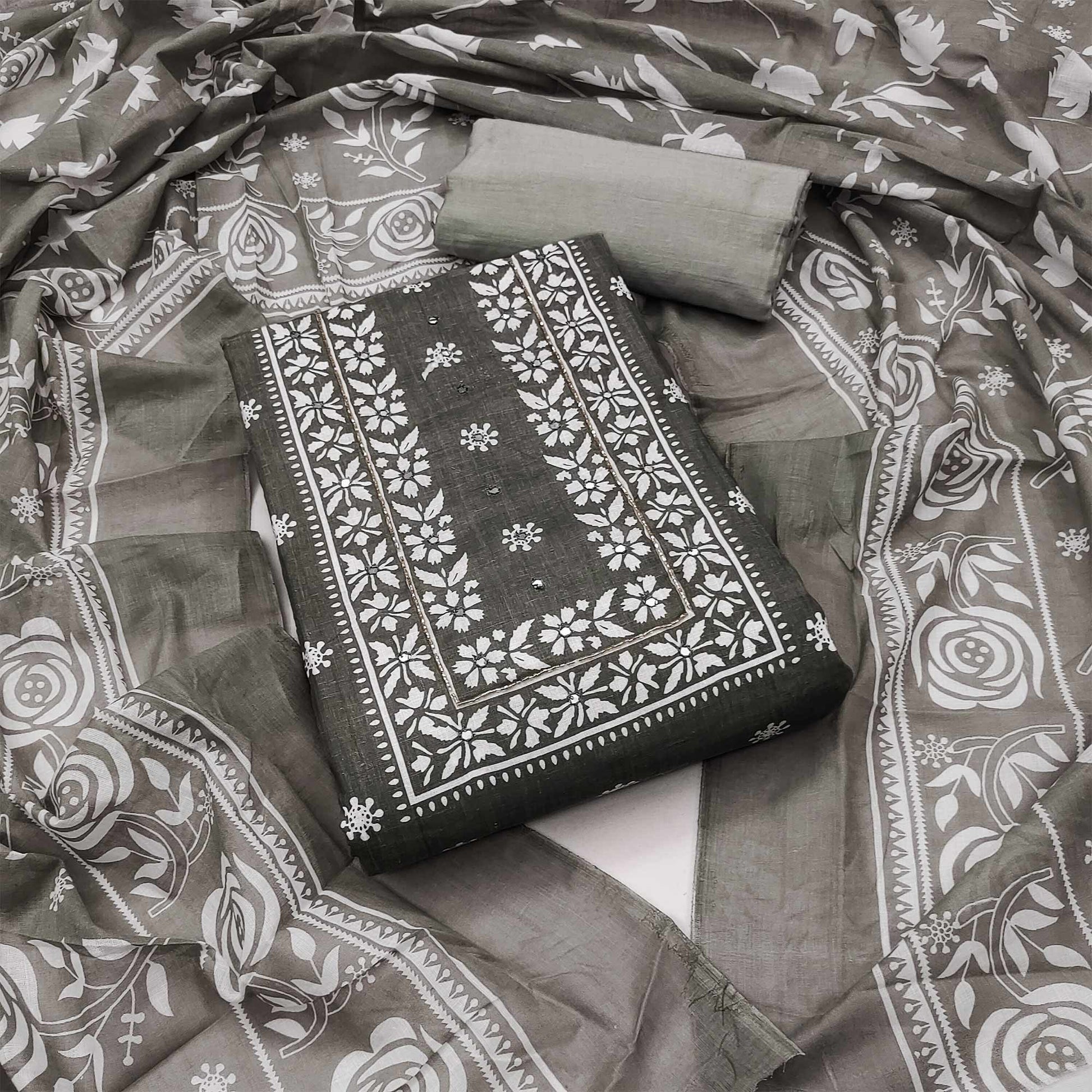 Grey Printed With Mirror Work Pure Cotton Dress Material