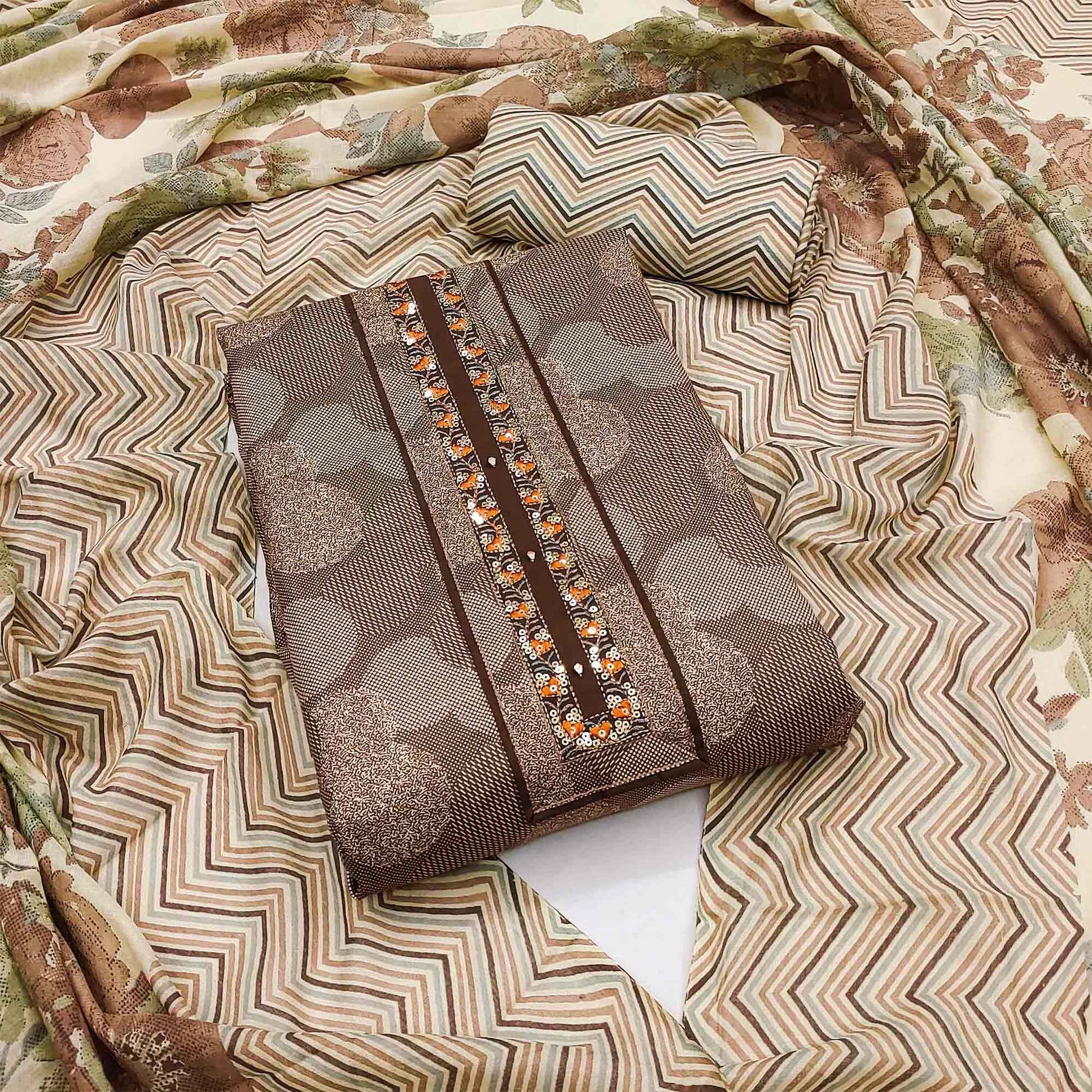 Brown Printed Pure Cotton Dress Material