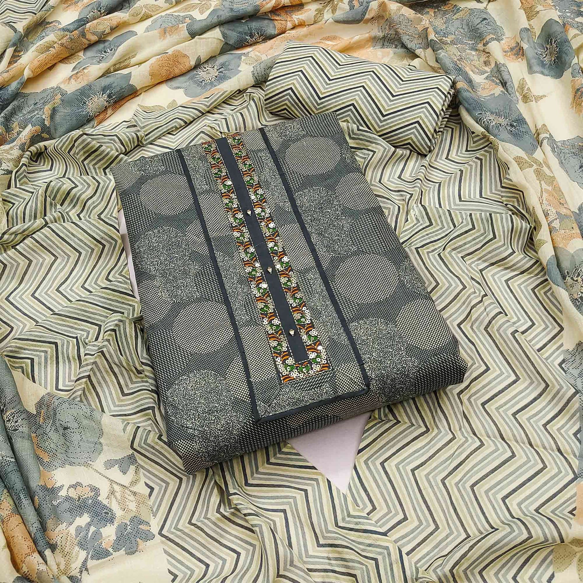 Grey Printed Pure Cotton Dress Material