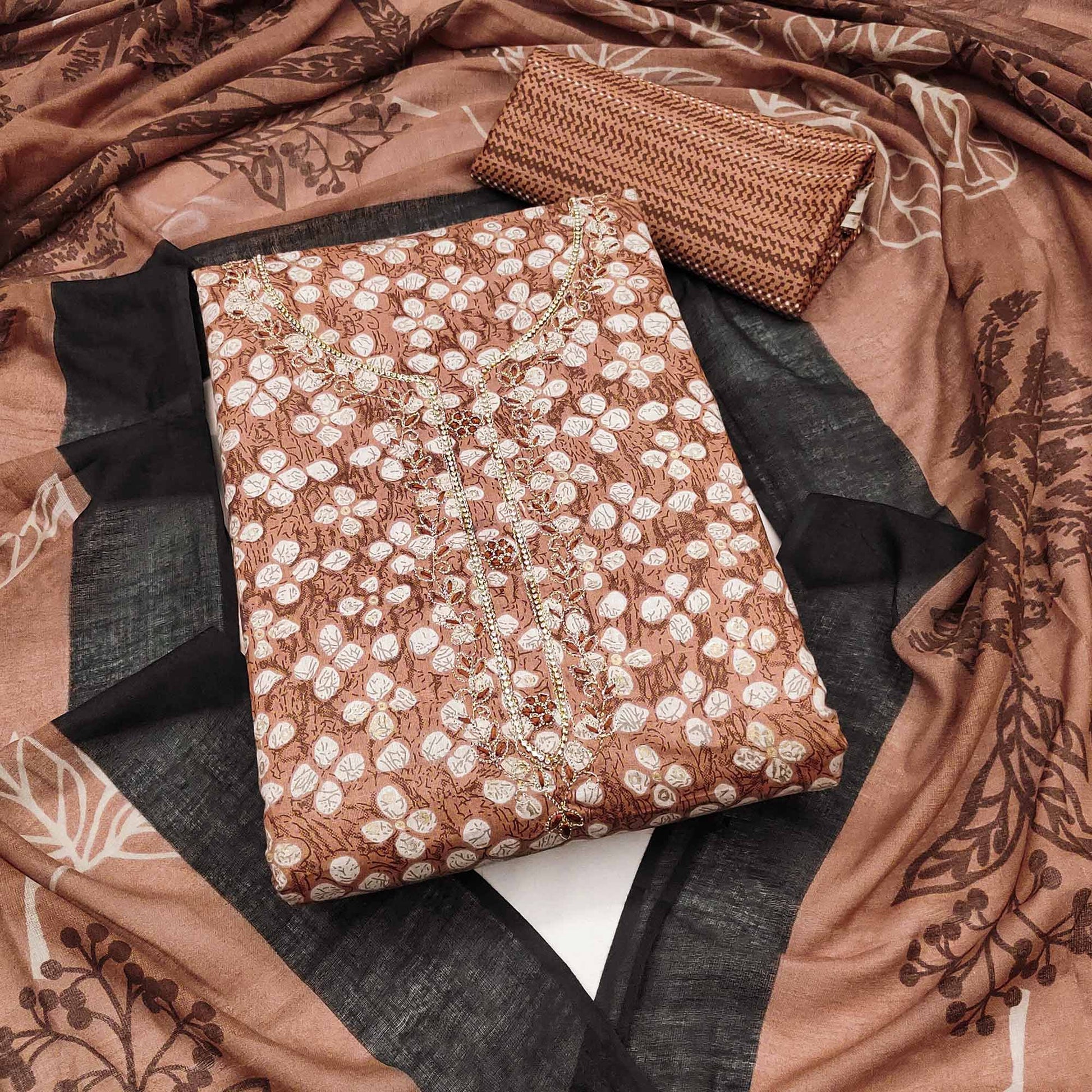 Brown Floral Printed Pure Cotton Dress Material