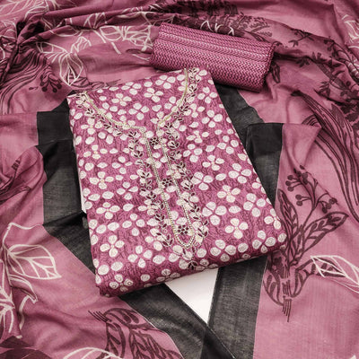 Mauve Floral Printed Pure Cotton Dress Material