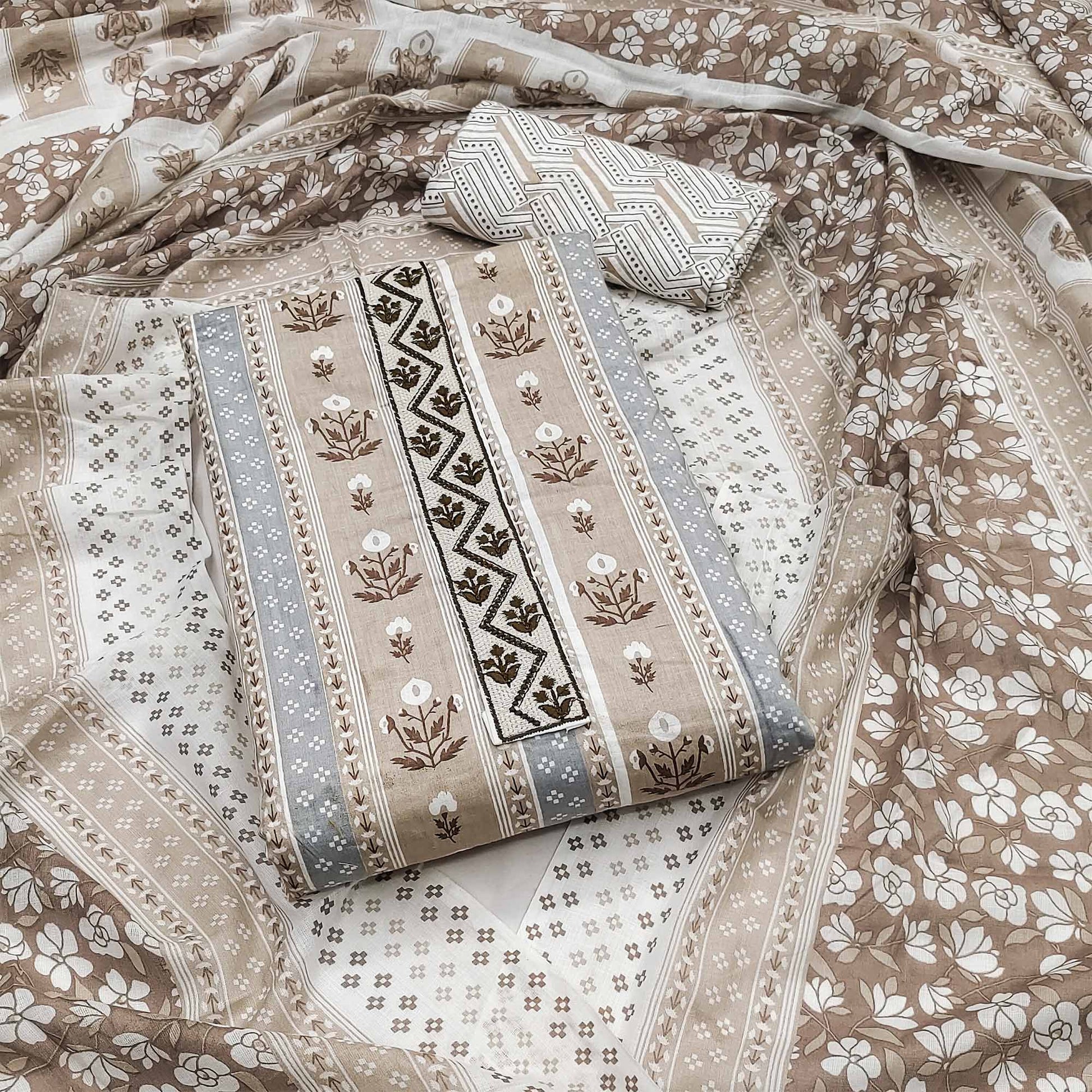 Coffee Brown Floral Printed Pure Cotton Dress Material