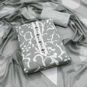 Grey Printed With Handwork Pure Cotton Dress Material