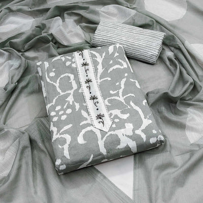 Grey Printed With Handwork Pure Cotton Dress Material