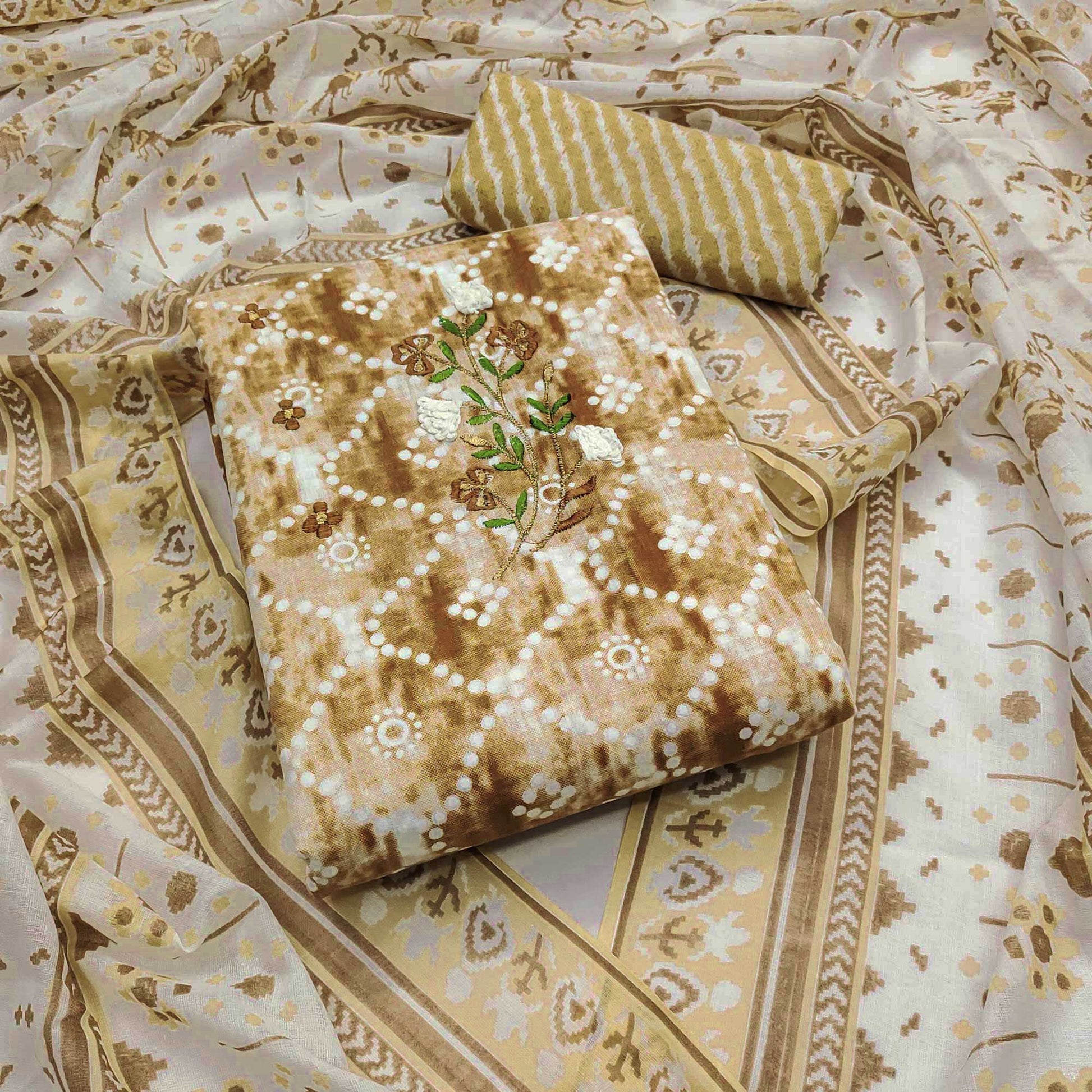 Brown Printed With Floral Embroidery Pure Cotton Dress Material