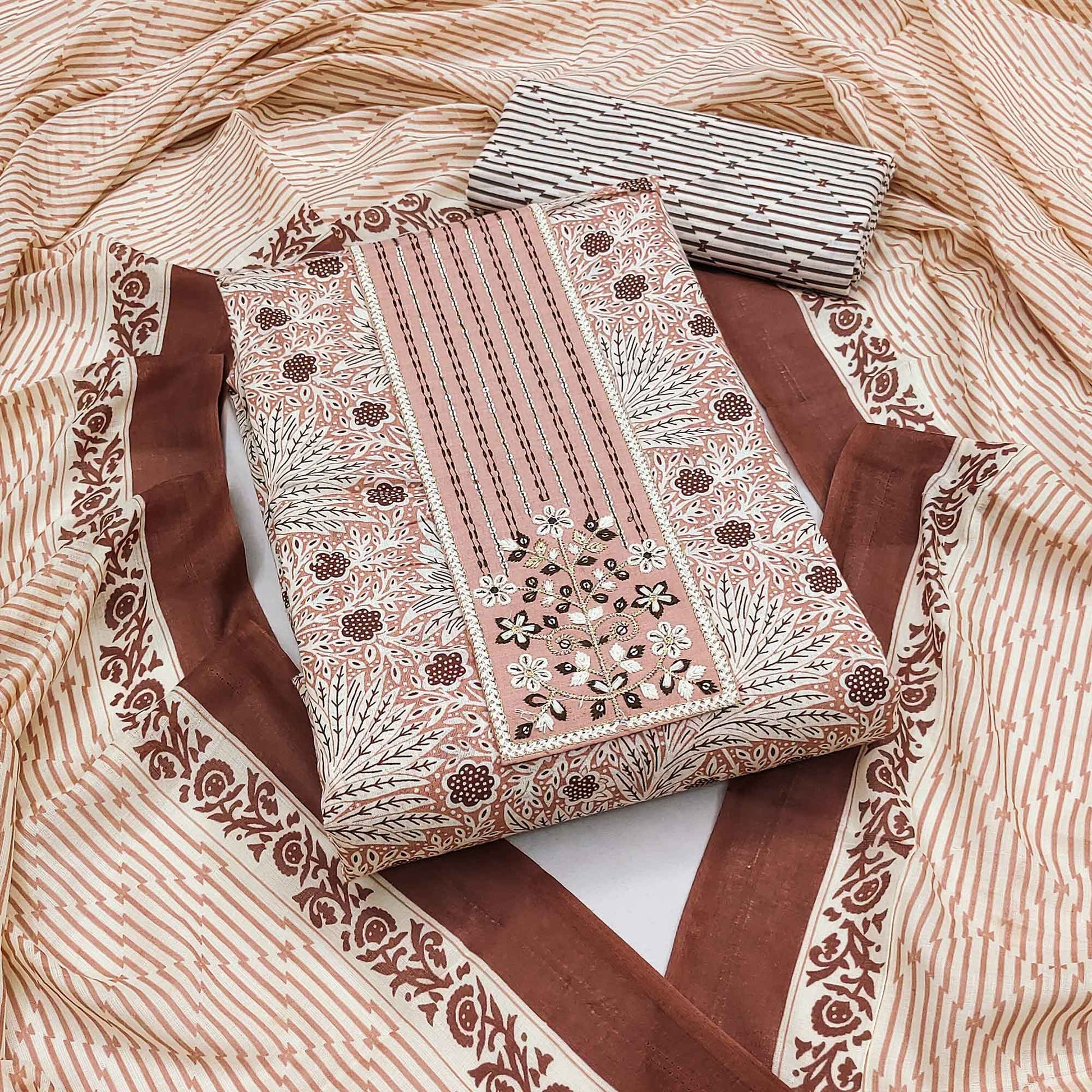 Light Brown Floral Printed With Embroidery Pure Cotton Dress Material