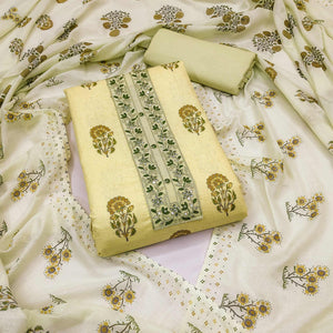 Light Yellow Floral Printed With Embroidery Pure Cotton Dress Material