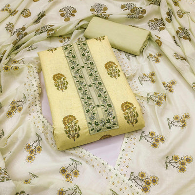 Light Yellow Floral Printed With Embroidery Pure Cotton Dress Material