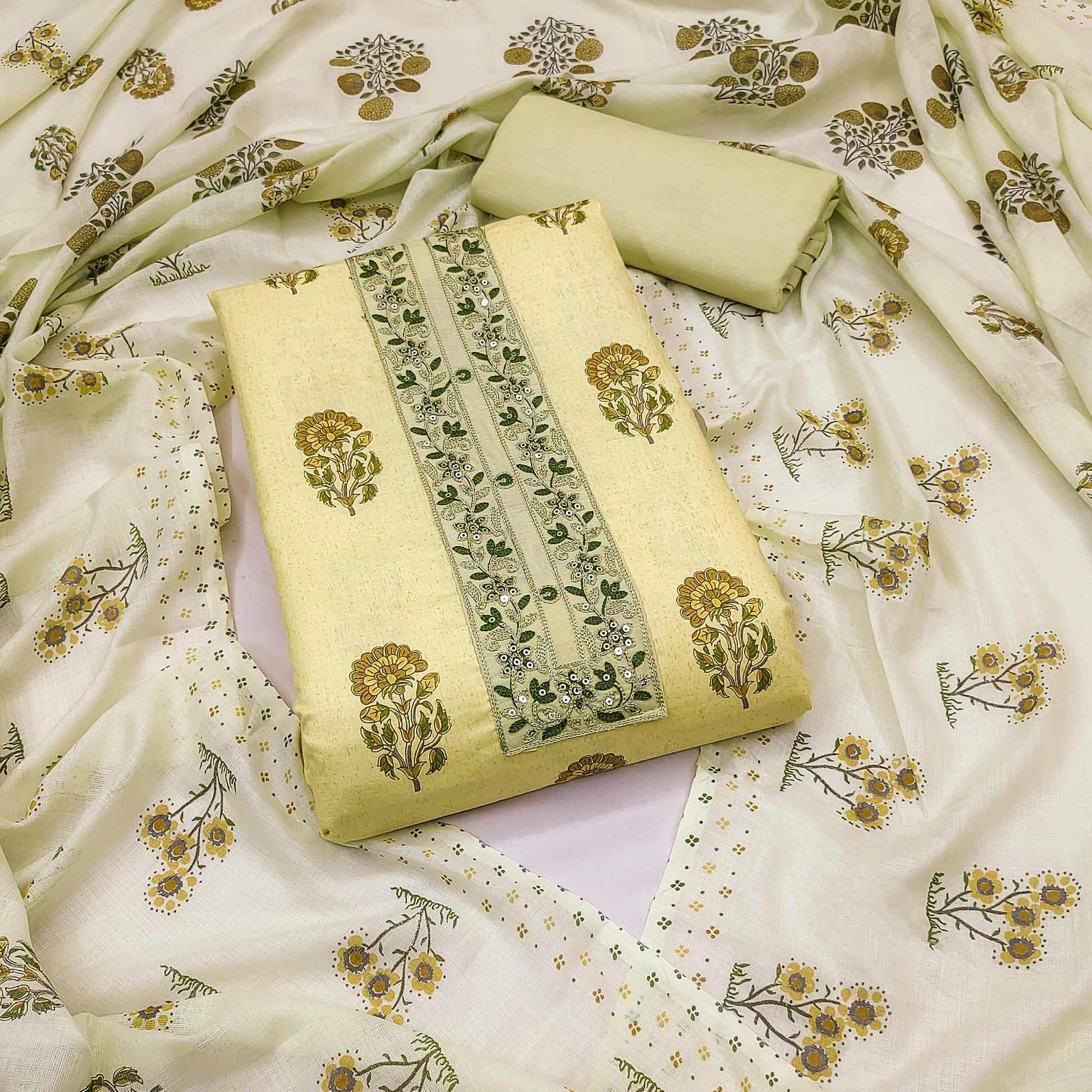 Light Yellow Floral Printed With Embroidery Pure Cotton Dress Material