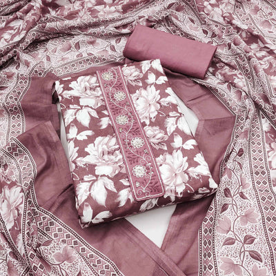 Mauve Floral Printed Pure Cotton Dress Material
