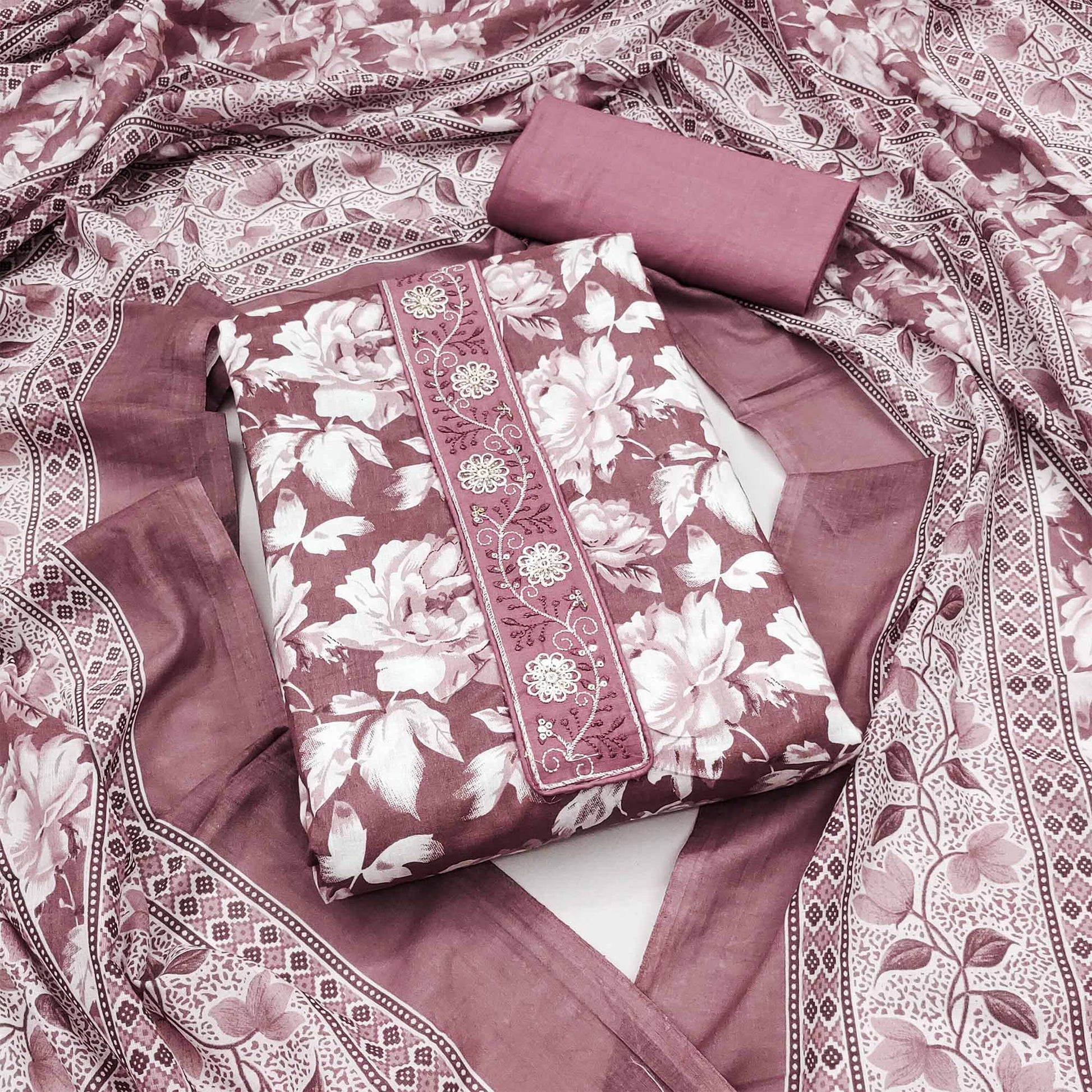 Mauve Floral Printed Pure Cotton Dress Material