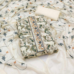 Cream & Green Floral Printed Pure Cotton Dress Material