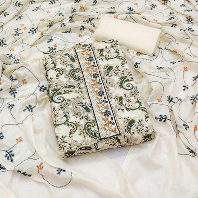 Cream & Green Floral Printed Pure Cotton Dress Material