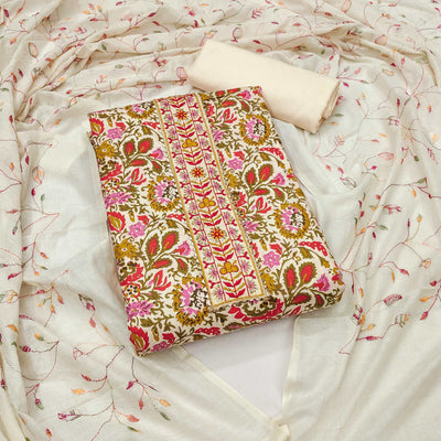 Multicolor Floral Printed With Embroidered Pure Cotton Dress Material