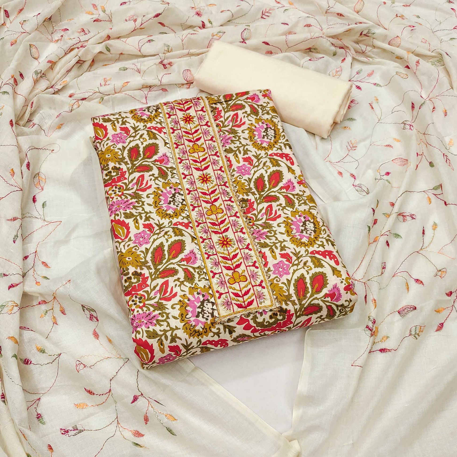 Multicolor Floral Printed With Embroidered Pure Cotton Dress Material