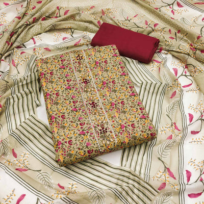 Light Green Floral Printed With Handwork Pure Cotton Dress Material
