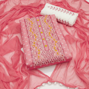 Gajari Pink Geometric Printed With Embroidered Pure Cotton Dress Material