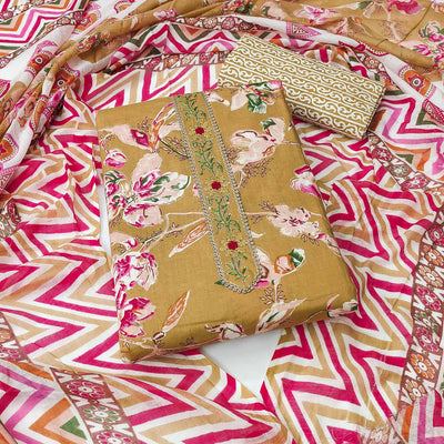 Chikoo Floral Printed With Embroidered Pure Cotton Dress Material