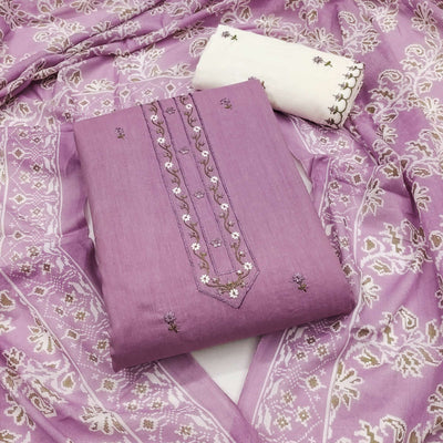Light Purple Floral Embroidered Pure Cotton Dress Material