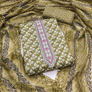 Mehendi Green Floral Printed With Embroidered Pure Cotton Dress Material