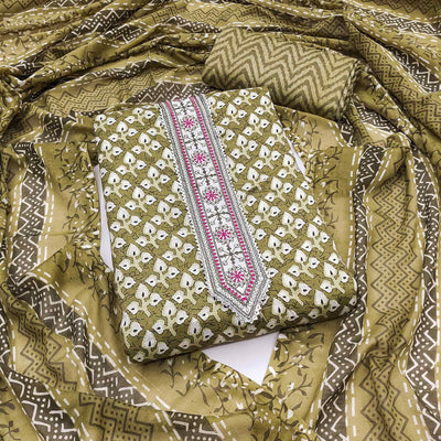 Mehendi Green Floral Printed With Embroidered Pure Cotton Dress Material