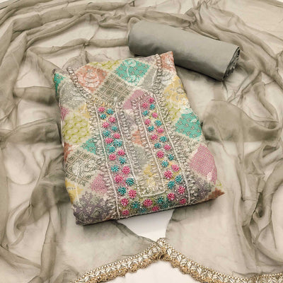 Grey Sequins With Hand Embroidered Muslin Dress Material