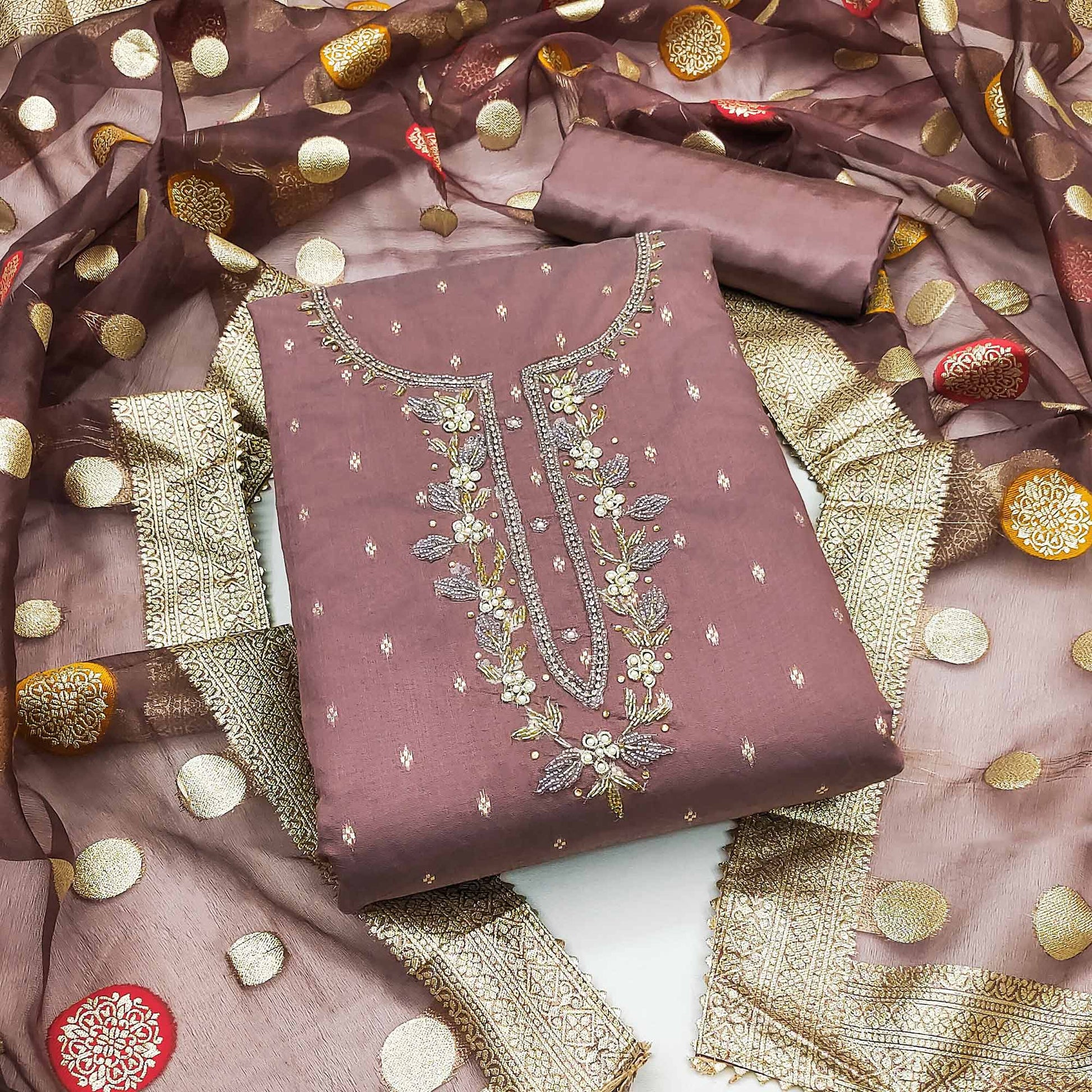 Mauve Hand Embroidered Chanderi Dress Material