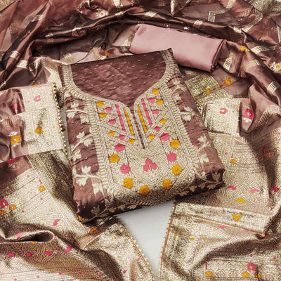 Brown Woven Organza Dress Material
