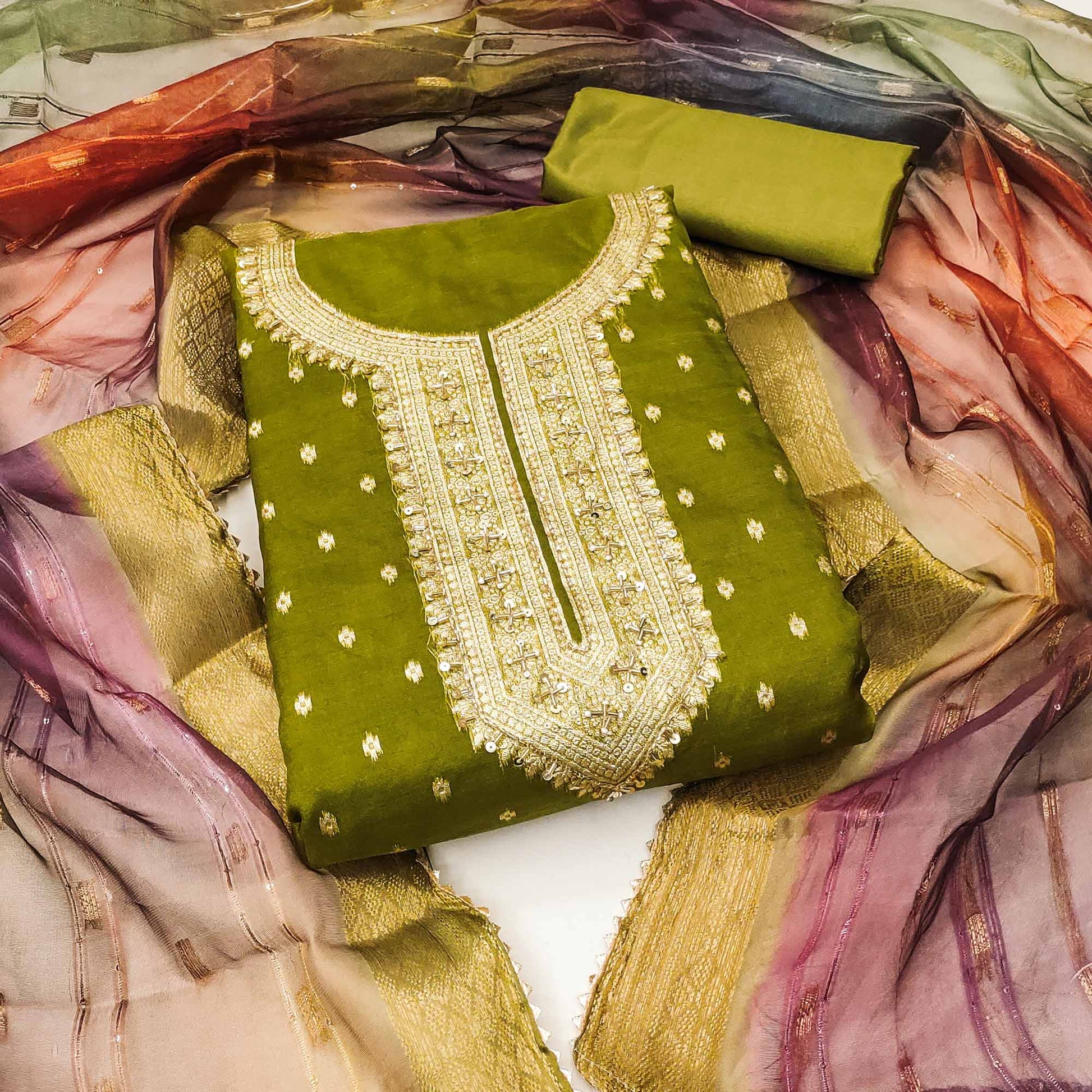 Mehandi Green Butti Design Woven Organza Dress Material