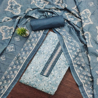 Grey Printed Pure Cotton Dress Material