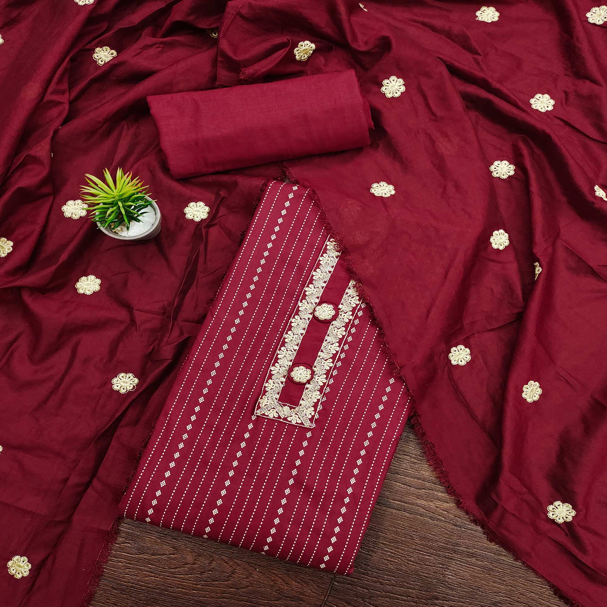Maroon Printed Pure Cotton Dress Material