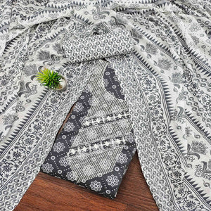 Grey Printed With Embroidered Pure Cotton Dress Material