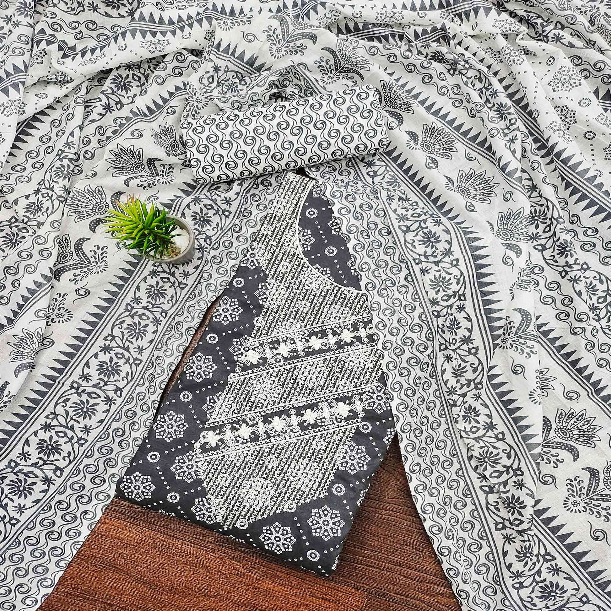 Grey Printed With Embroidered Pure Cotton Dress Material
